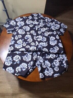 Black Floral Short-Sleeve Button-Up Shirt and Shorts Set